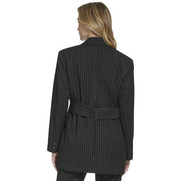 Calvin Klein Women's Pinstripe Belted Jacket Black White NWT Size 4 - Picture 2 of 10
